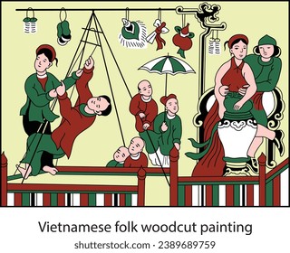 Vietnamese traditional game woodcut painting