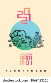 Vietnamese traditional greeting card with craft style. (Translation: happy new year 2021, year of the Ox)