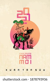 Vietnamese traditional greeting card with craft style. (Translation: happy new year 2021, year of the Ox)