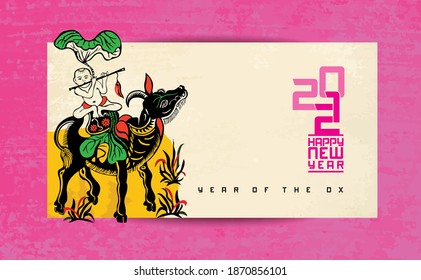 Vietnamese traditional greeting card with New Year 2021 - the Ox’s year