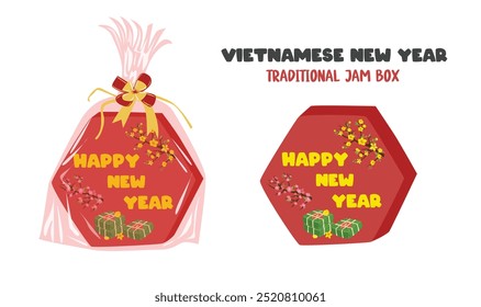 Caixa de geleia tradicional vietnamita no ano novo. Itens vietnamitas do ano novo. Vetor de caixa de doces. Vetor plano em estilo de desenho animado isolado no fundo branco.