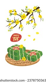 Vietnamese traditional lunar new year vector set. Vietnamese new year cuisine and flower. Chung cake vector and ochna integerrima  tree branch vector. Banh chung, hoa mai. Vietnamese Tet. Tet holiday.