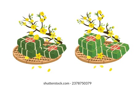 Vietnamese traditional lunar new year vector set. Vietnamese new year cuisine and flower. Chung cake vector and ochna integerrima  tree branch vector. Banh chung, hoa mai. Vietnamese Tet. Tet holiday.