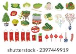 Vietnamese traditional new year vector set. Vietnamese Tet clip art. Kumquat, chung cake, pork sausage, cherry blossom, lantern, firecrack, jam candy tray, five fruit tray. Cartoon flat vector.