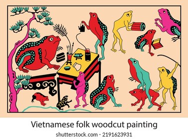 Vietnamese traditional woodcut painting frogs