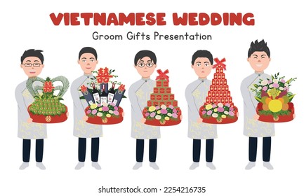 Vietnamese wedding Groom gifts presentation clipart. Vietnamese boys holding engagement gift trays vector illustration. Vietnamese traditional wedding ceremony concept. Chinese text "Double Happiness"