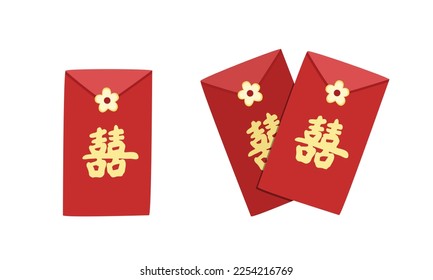 Clipart sobre rojo de boda vietnamita. Dinero afortunado de boda vietnamita en sobres rojos envuelve ilustración vectorial plana. Concepto de ceremonia de boda tradicional vietnamita. Texto chino "Felicidad doble"