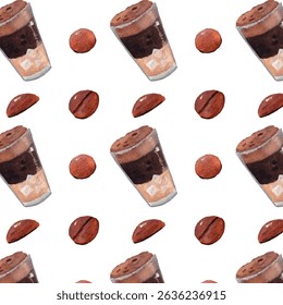 Vietnamese white coffee coffee in layers and coffee beans watercolor seamless pattern. Vector background, isolated on white. Food and drink theme, wallpaper for coffee shops, restaurants. Vintage. 