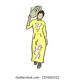 vietnamese woman in Ao Dai costumn holding traditional asian conical hat vector illustration with black lines isolated on white background