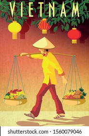 Vietnamese Woman Carrying Fruit Baskets At A Local Market In Vietnam. Travel Poster Of Vietnam. Handmade Drawing Vector Illustration. Art Deco Style.