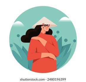 Vietnamese woman concept. Asian young girl in traditional Vietnam clothes. Aesthetics Character portrait in Oriental woolen hat. Cartoon flat vector illustration isolated on white background