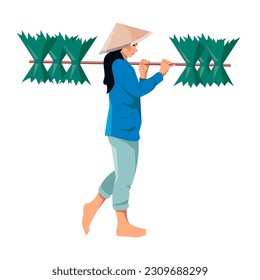 A Vietnamese woman in a conical straw hat carries rice on a pole over her shoulder. Asian farmer working in a rice field. Vector flat illustration in cartoon style isolated on a white background