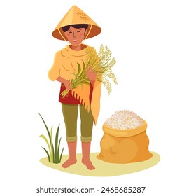 Vietnamese woman farmer. Rice harvest. Asian woman with bunch of rice ears and full sack of grain.