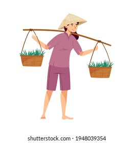 Vietnamese Woman Farmer in Straw Conical Hat Carrying Wicker Baskets with Rice Crop Vector Illustration