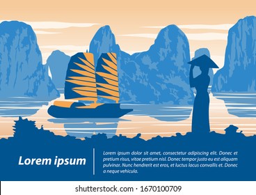 Vietnamese woman look to ship in ha long bay,landmark of Vietnam on sunset time,vintage color style,vector illustration