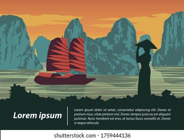 Vietnamese woman look to ship in ha long bay,landmark of Vietnam on sunset time,vintage color style,vector illustration