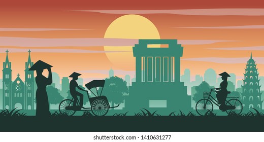 Mujer vietnamita y hombre pasan bicicleta por un punto de referencia de Vietnam,color vintage con tono de atardecer,ilustración vectorial