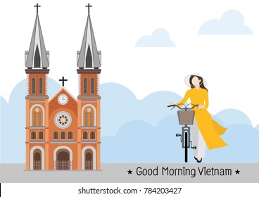 Vietnamese Woman of Notre Dame Cathedral in Ho Chi Minh, Vietnam. vector