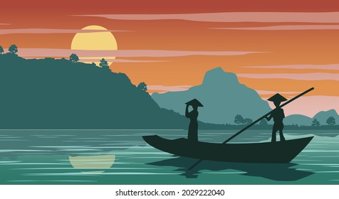Vietnamese woman on the boat to  come back home on sunset time,vector illustration