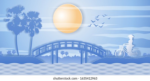 Vietnamese woman ride bicycle pass rice field on sunset time,bridge ahead,vector illustration