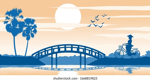 Mujer vietnamita monta un campo de arroz con pase de bicicleta en el atardecer, puente por delante, ilustración vectorial