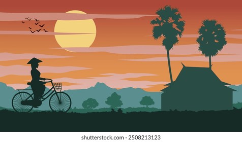 Mujer vietnamita monta bicicleta para volver a casa en la hora del atardecer, Ilustración vectorial