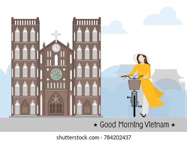 Vietnamese Woman and Saint Joseph Cathedral in Vietnam Hanoi, vector