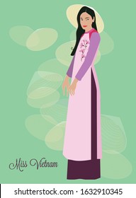 A Vietnamese woman wears a traditional costume. Design for postcard, invitation, cover page, travel guide document, fashion, etc.