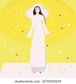 A Vietnamese woman wears a traditional costume. Yellow apricot blossom background. Design for postcard, greeting card, travel guide document, fashion, etc.