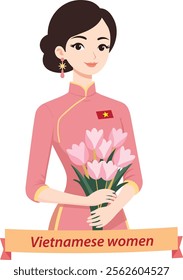 Vietnamese women wearing pink ao dai and holding flowers