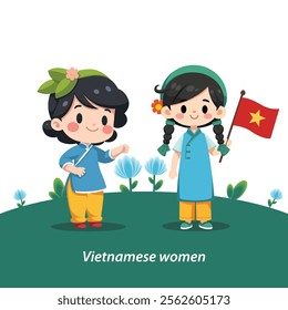 Vietnamese women wearing traditional blue costumes and holding flags