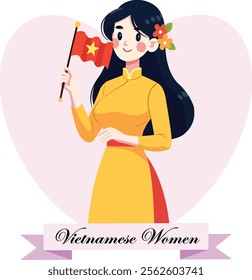 Vietnamese women wearing yellow ao dai and holding red flag