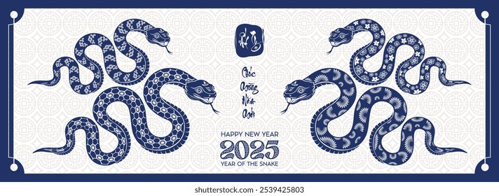 Vietnamese zodiac snake with blue paper cut. Happy Vietnamese new year 2025