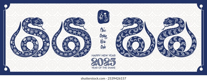 Vietnamese zodiac snake with blue paper cut. Happy Vietnamese new year 2025