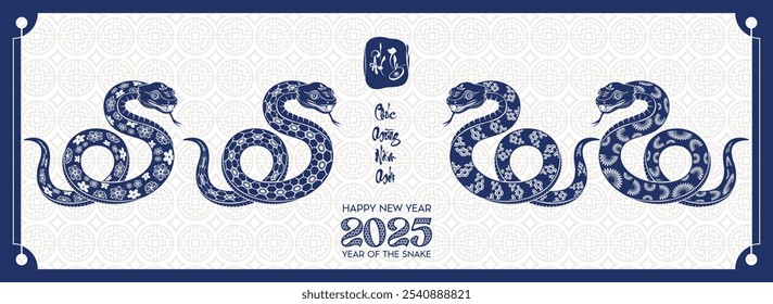 Vietnamese zodiac snake with blue paper cut. Happy Vietnamese new year 2025