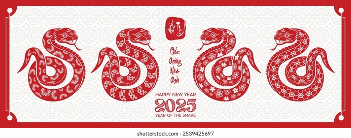 Vietnamese zodiac snake with red paper cut. Happy Vietnamese new year 2025