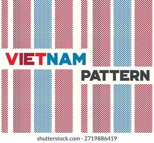Patrón de rayas de Vertical inspirado en Vietnam con tonos rojos, azules y neutros. Este diseño geométrico moderno se ve comúnmente en los paraguas vietnamitas tradicionales, lo que refleja la armonía cultural y la estética contemporánea. Ideal para embalajes, textiles, papelería, marcas, Fondos de pantalla y aplicaciones de moda.