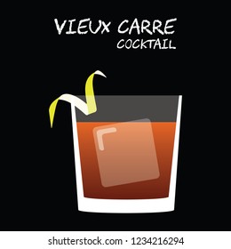 Vieux Carré cocktail illustration vector with lemon twist garnish on square black background.