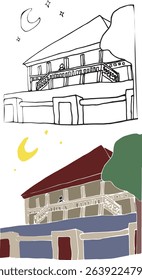 View of 2-story building with trees and moon at night Vector