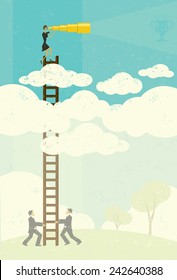 View from Above A businesswoman vaguely seeing her goal in the future with a telescopic spyglass above the clouds. Businessmen, below in the fog, help by holding her ladder.