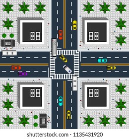 View from above cityscape includes such elements as road, paving stones, crossroad, crosswalks, sidewalks, palms and public transport vector illustration.