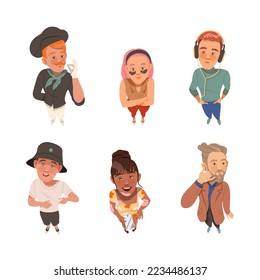 View from above of different stylish people set. Young men and women in modern trendy outfit, top view cartoon vector illustration