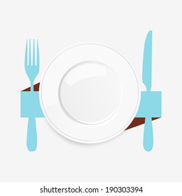 View From Above Of An Empty White Plate With A Blue Knife And Fork Conceptual Of A Place Setting And Catering Or Serving Food, Illustration On A White Background