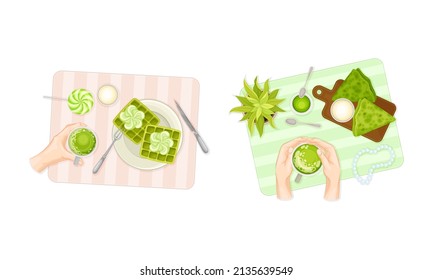 View from above of female hands and various matcha tea desserts set vector illustration