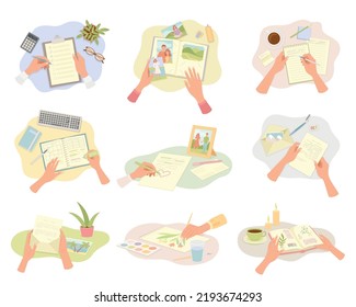 View from above of female hands writing letter, filling diary and planners, signing documents set vector illustration
