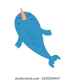 View from above of funny cute baby narwhal. Sea mammal animal cartoon character vector illustration