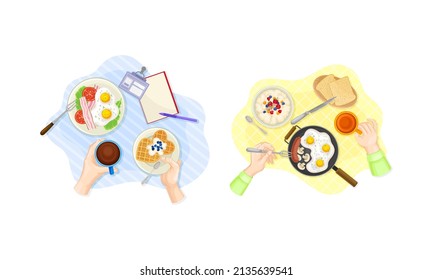 View from above of hands and breakfast dishes set. Waffle, porridge and fried eggs served on plates vector illustration