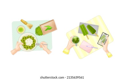 View from above of hands and delicious green matcha tea desserts set vector illustration