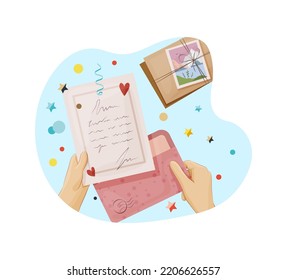 View From Above Of Hands Receiving And Reading Letter. Hand Holding Paper Mail And Envelope, Stack Of Envelopes Lying Nearby. People Sending Letters Through Postal Service, Postcrossing Cartoon Vector