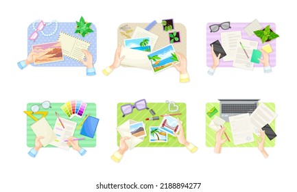 View from above of hands signing document, choosing colors from palette and sending postcards set vector illustration